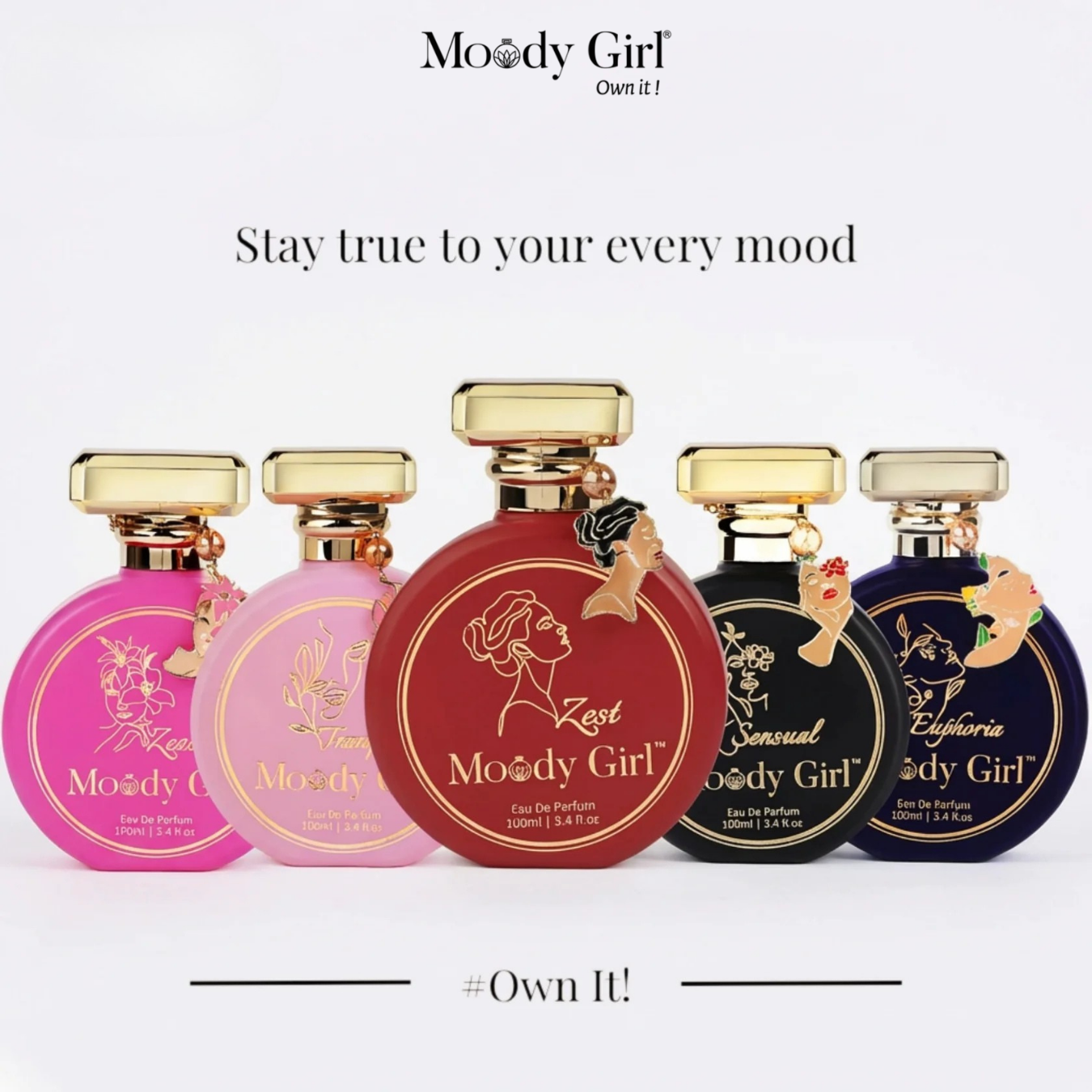 Set of Moody Girl perfume bottles on a white background with branding and product names.