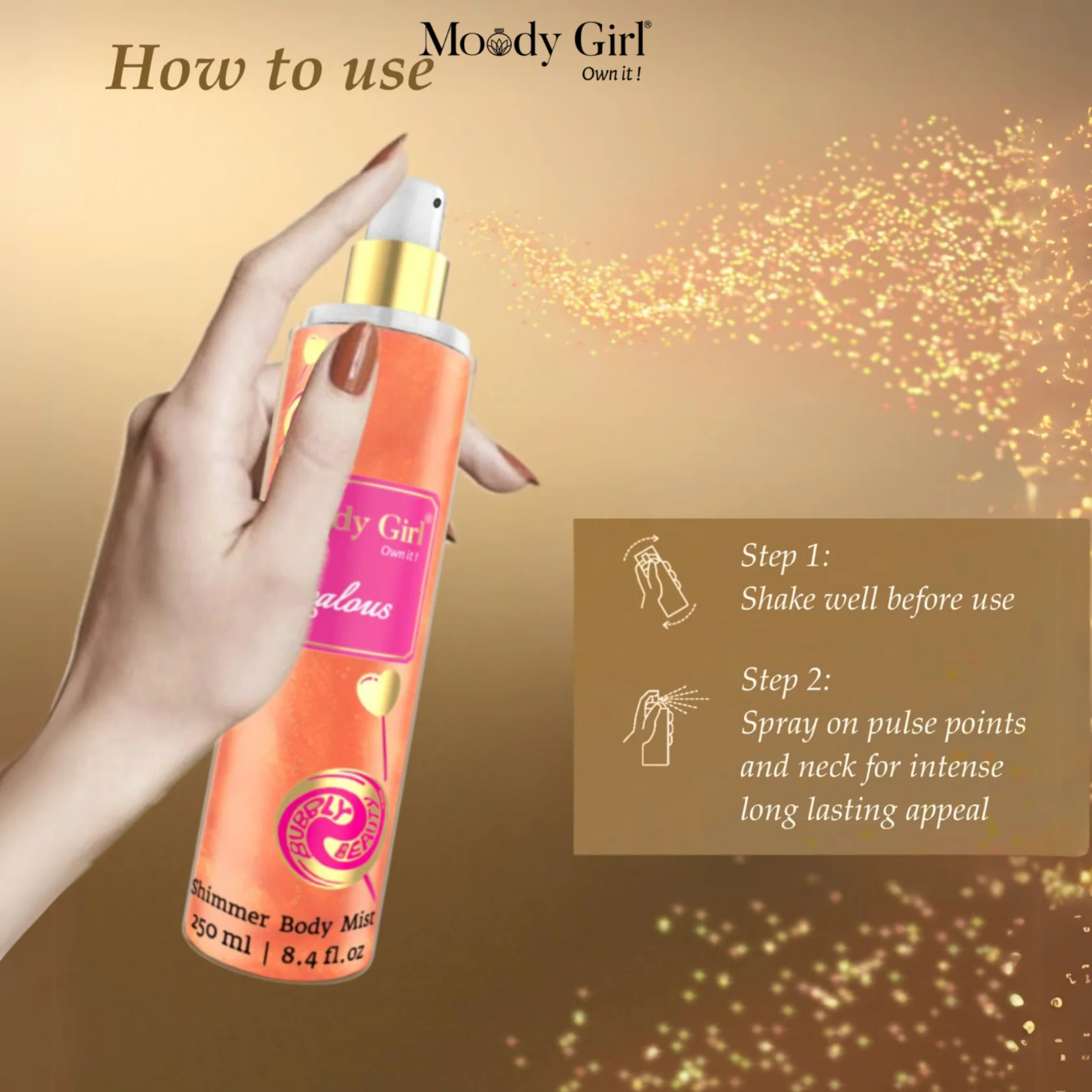 Moody Girl body mist bottle held by a hand with usage instructions on a glittery background
