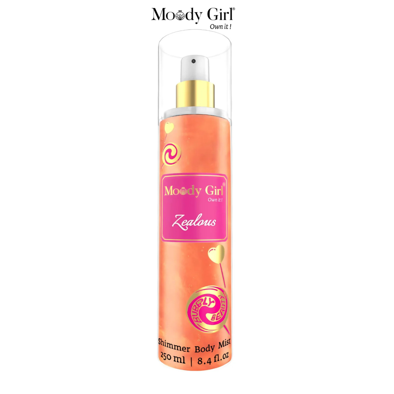Moody Girl Zealous shimmer body mist bottle on a white background