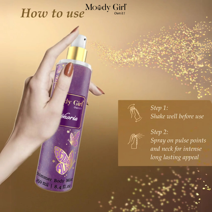 Moody Girl shimmer body mist with usage instructions on a gold background