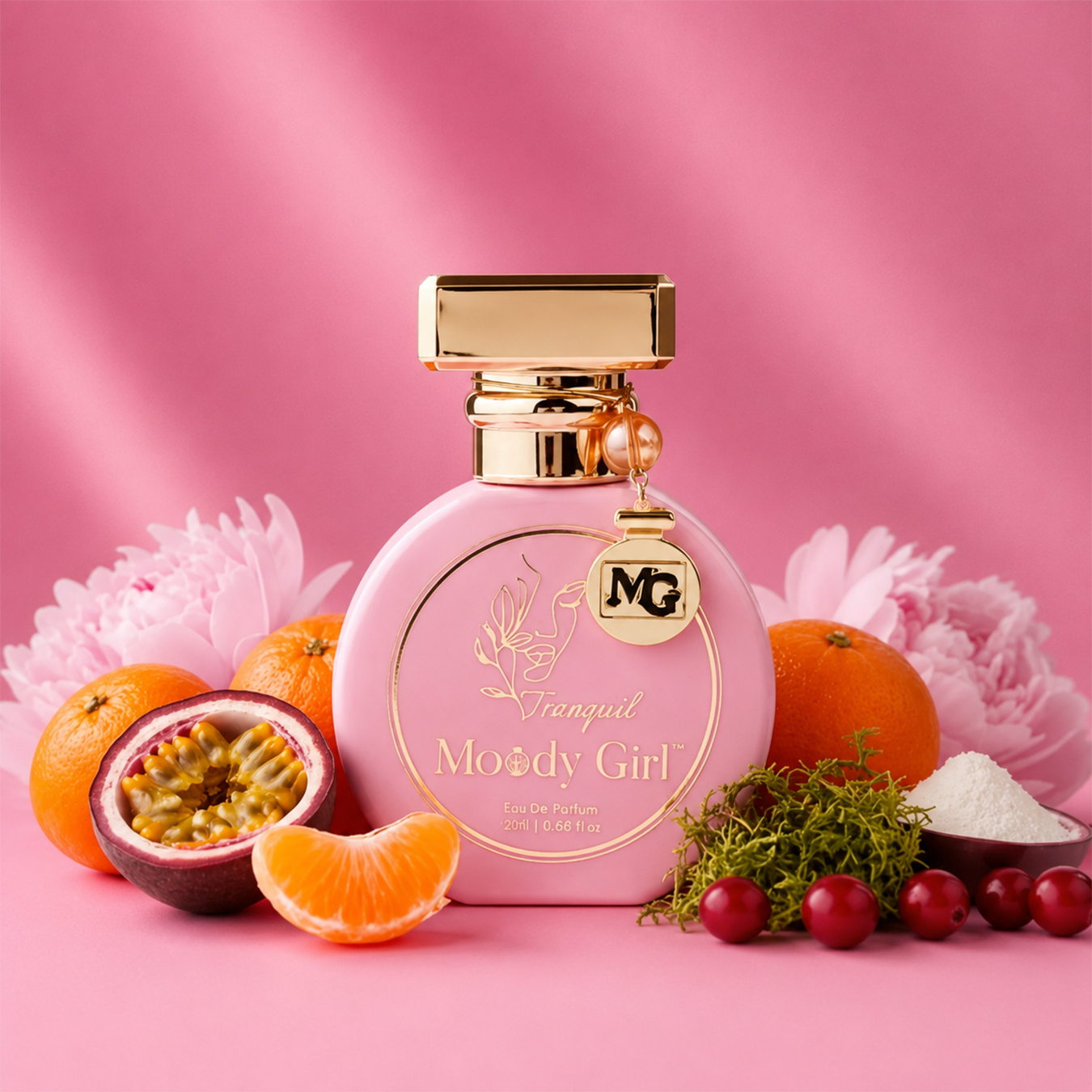 A pink perfume bottle with gold detailing and a gold cap, labeled 'Vanguished Moody Girl Eau de Parfum,' styled on a pink background with citrus fruits, flowers, and berries around it.