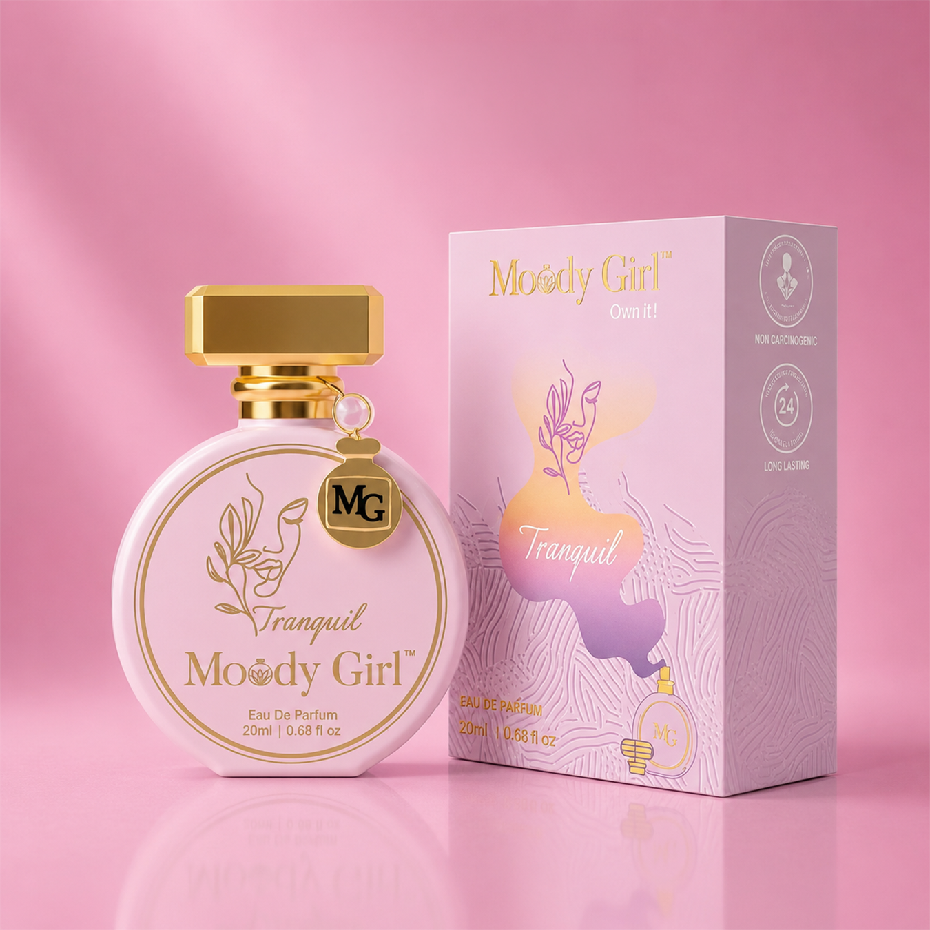 A perfume bottle and its retail box for 'Moody Girl Tranquil' by MG, presented on a reflective pink surface against a solid pink background.