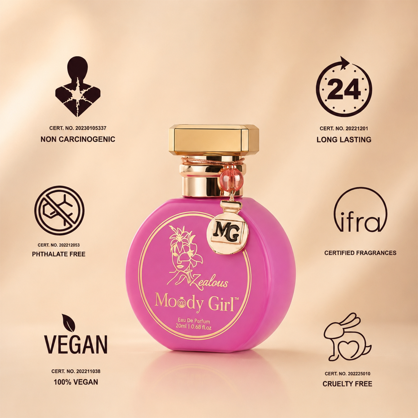 A pink round perfume bottle labeled 'Exotic Moody Girl' with a gold cap, centered on a warm beige background with certification icons and text around it, including Non Carcinogenic, Long Lasting, Pthalatal Free, Certified Fragrances, Vegan, and Cruelty Free.