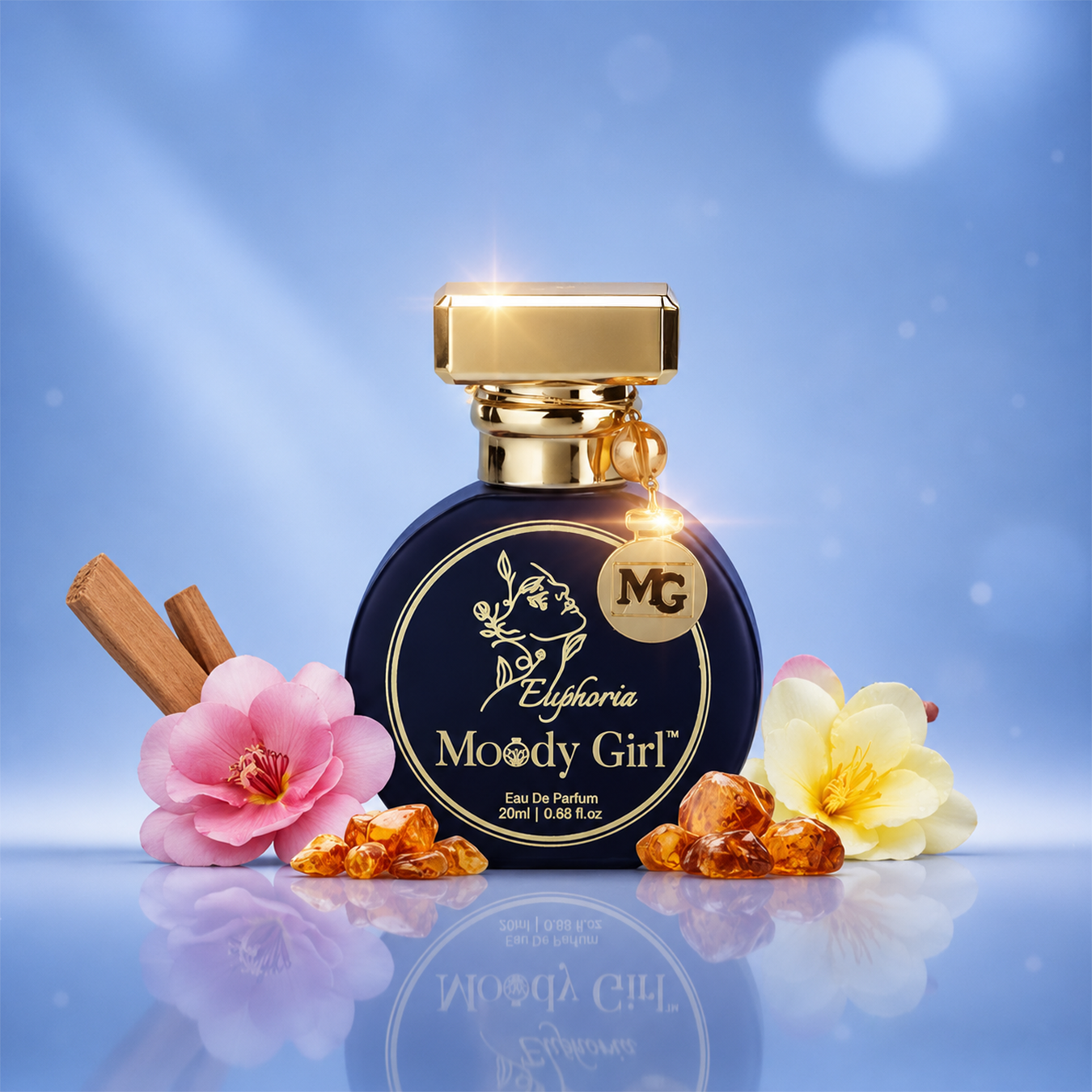 A perfume bottle labeled 'Euphoria Moody Girl' with a gold cap, set against a blue gradient background with pink and yellow flowers and amber crystals around it.