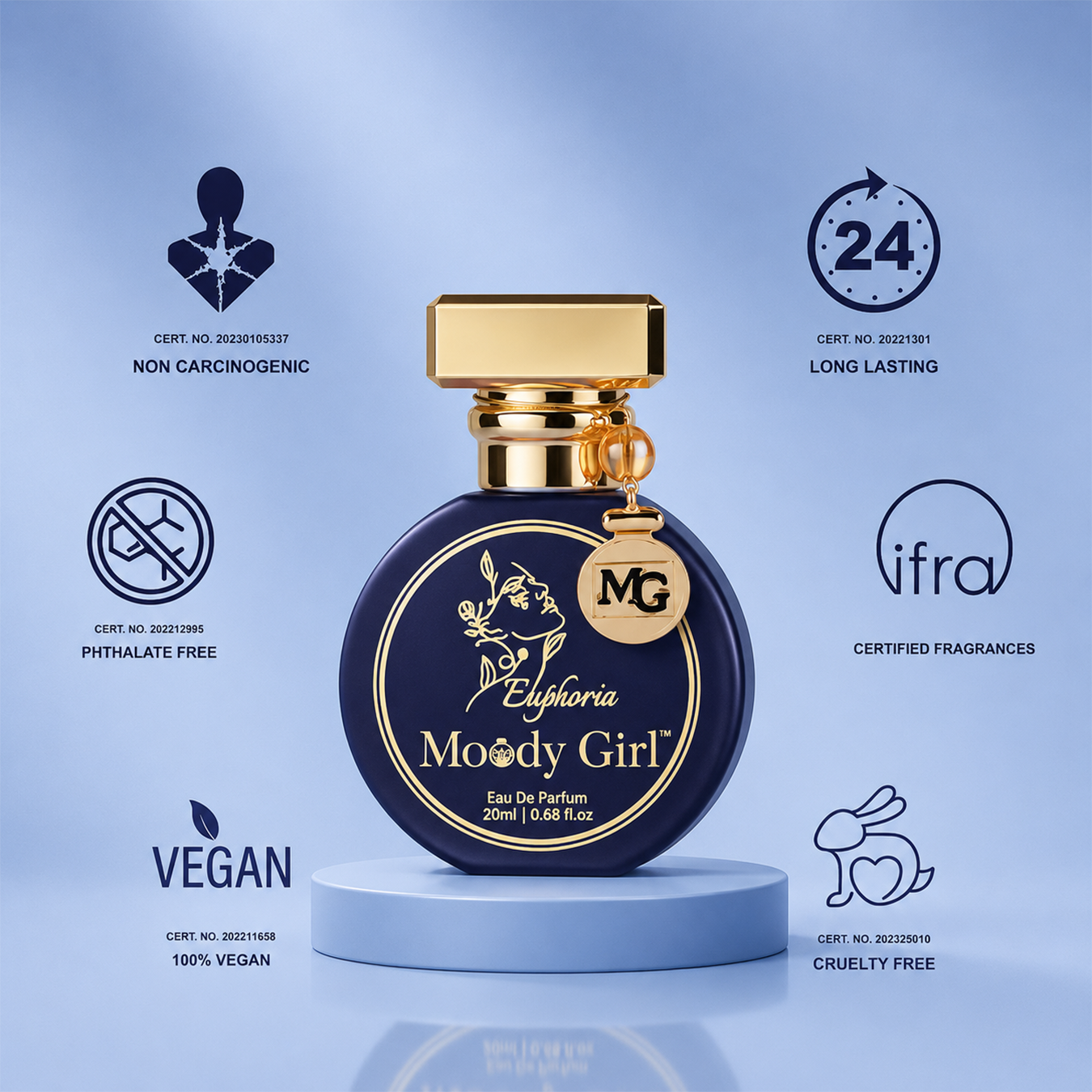 A round dark blue perfume bottle with a gold cap and gold lettering reading 'Euphoria Moody Girl Eau De Parfum 20ml' stands on a light blue pedestal against a pale blue background. Surrounding the bottle are certification-style icons and text for non carcinogenic, long lasting, phthalate free, certified fragrances, vegan, and cruelty free.