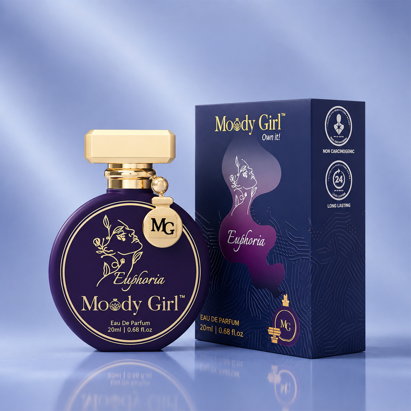 Moody Girl Euphoria Eau De Parfum 20ml bottle and its packaging box, both in deep purple and gold, set against a blue gradient background.