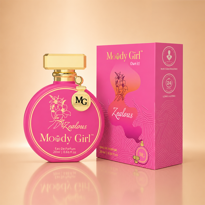 Pink Moody Girl 'Zealous' Eau De Parfum bottle with a gold cap next to its pink packaging box, set against a warm beige gradient background.