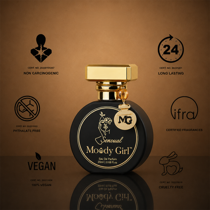 A black perfume bottle with a gold cap and gold lettering reading 'Sensual Moody Girl Eau De Parfum 200ml' is centered on a warm brown background. Surrounding the bottle are black icons and text claiming non carcinogenic, long lasting (24), phthalate free, certified fragrances (ifra), vegan, cruelty free, and certification numbers.