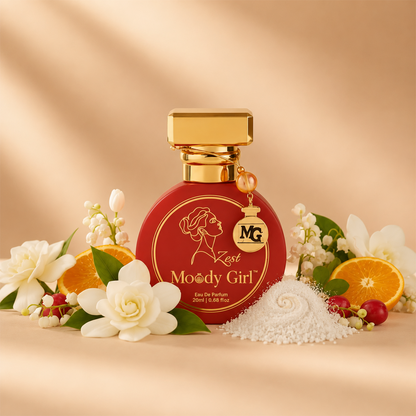 A red perfume bottle labeled 'MG Kera Moody Girl' with a gold cap, styled with white flowers, orange slices, and a small pile of white powder on a warm beige background.