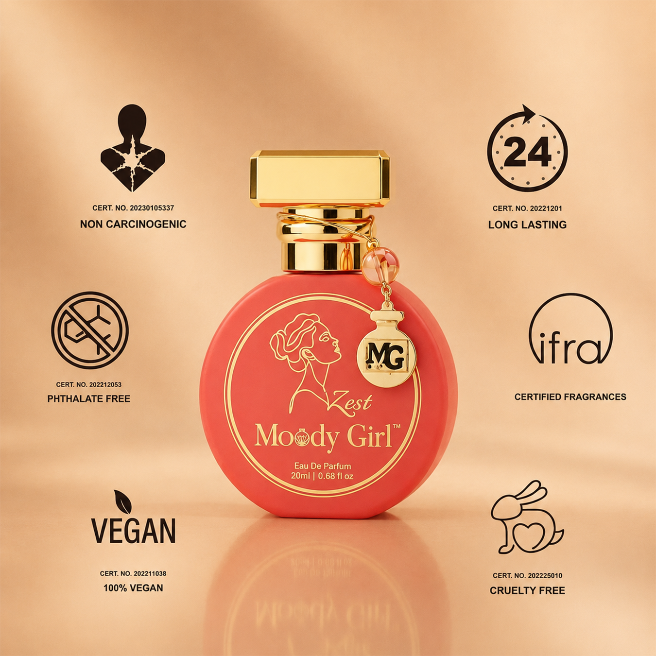 A red and gold perfume bottle labeled 'Zest Moody Girl' is centered on a warm beige background with multiple certification and feature icons around it, including non carcinogenic, long lasting, phthalate free, vegan, 24 hour lasting, ifra certified fragrances, and cruelty free.