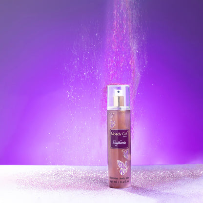 Body mist spray with glitter against a purple background