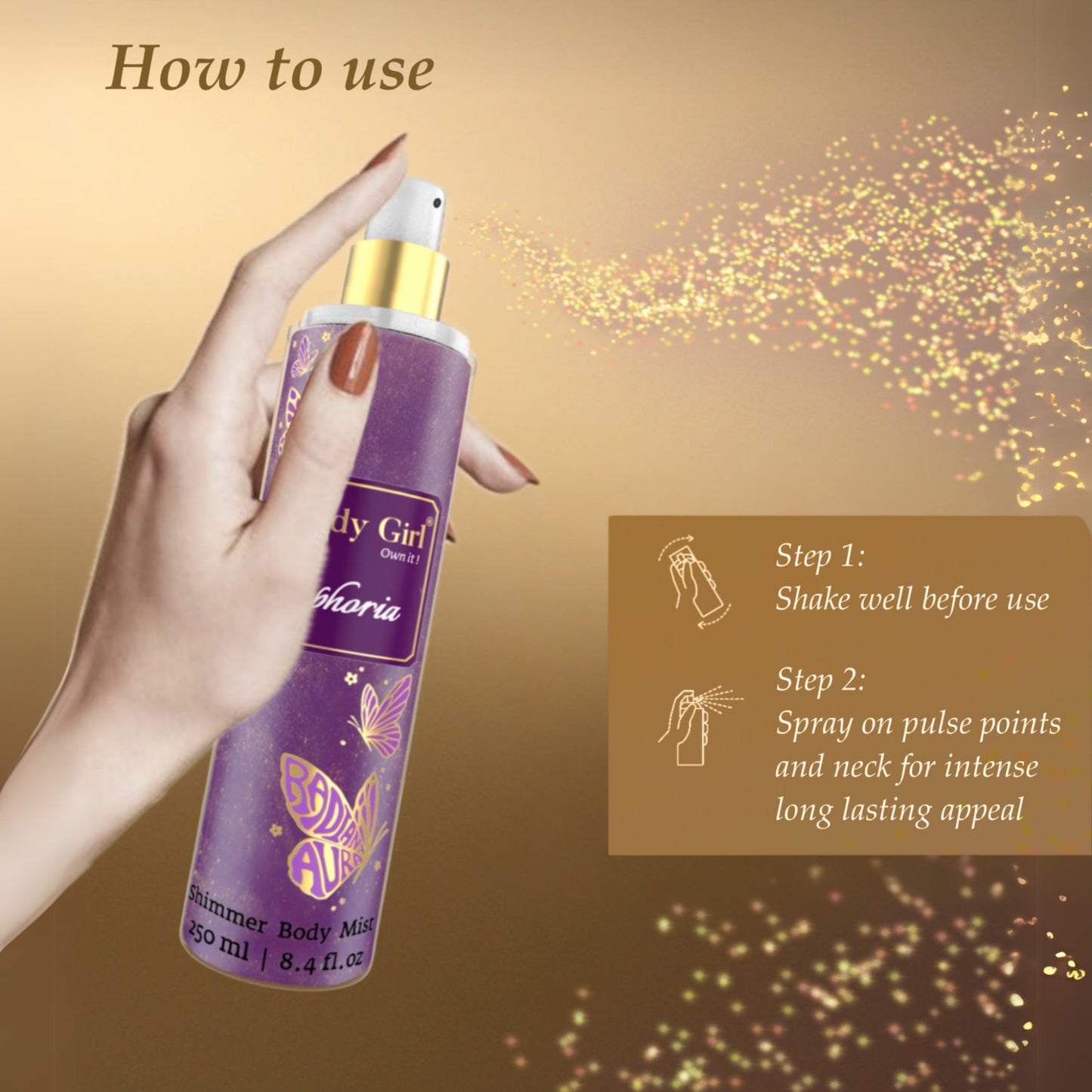 Hand holding a purple spray bottle with 'Moody Girl' branding against a gold and brown gradient background.