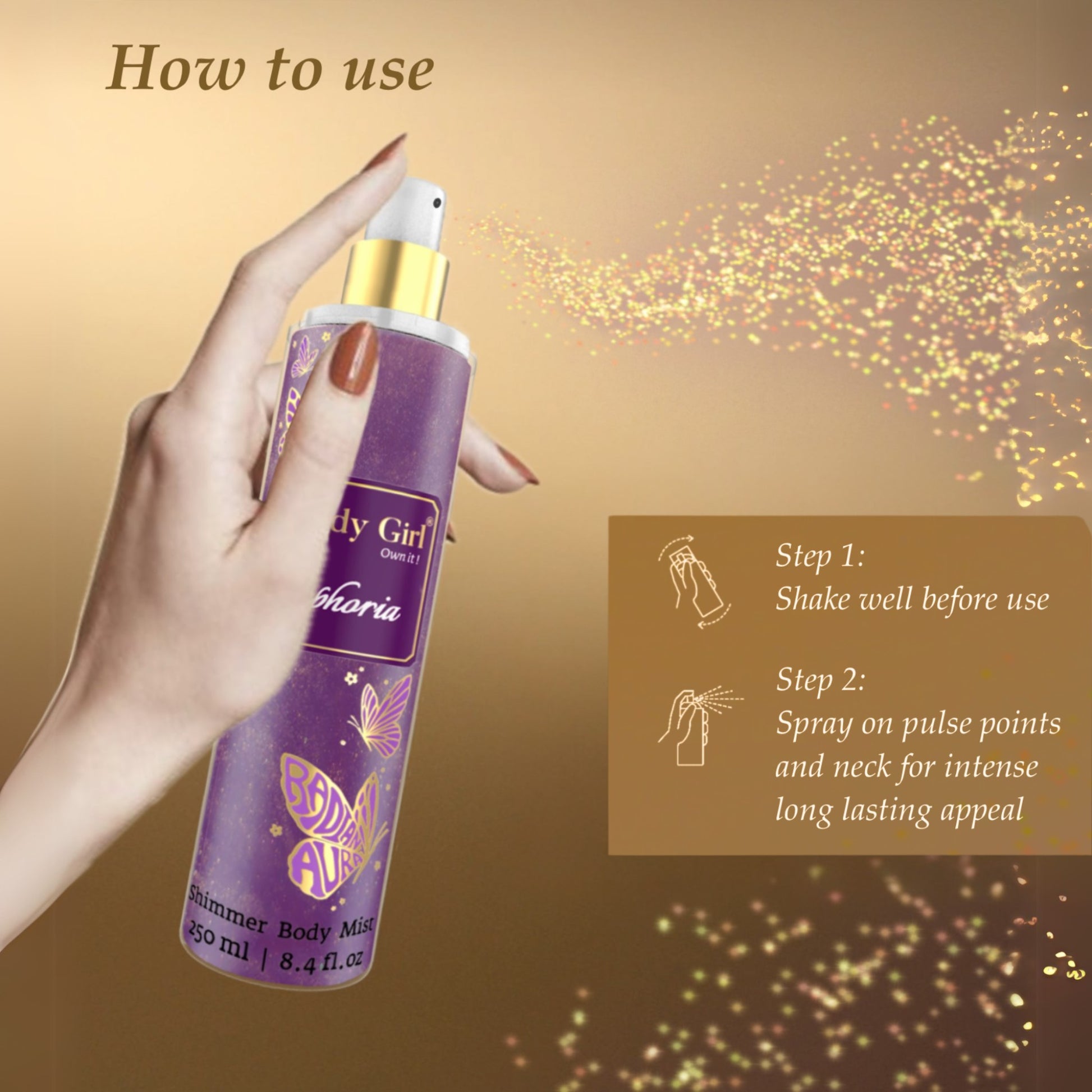 Hand holding a purple spray bottle with 'Moody Girl' branding against a gold and brown gradient background.