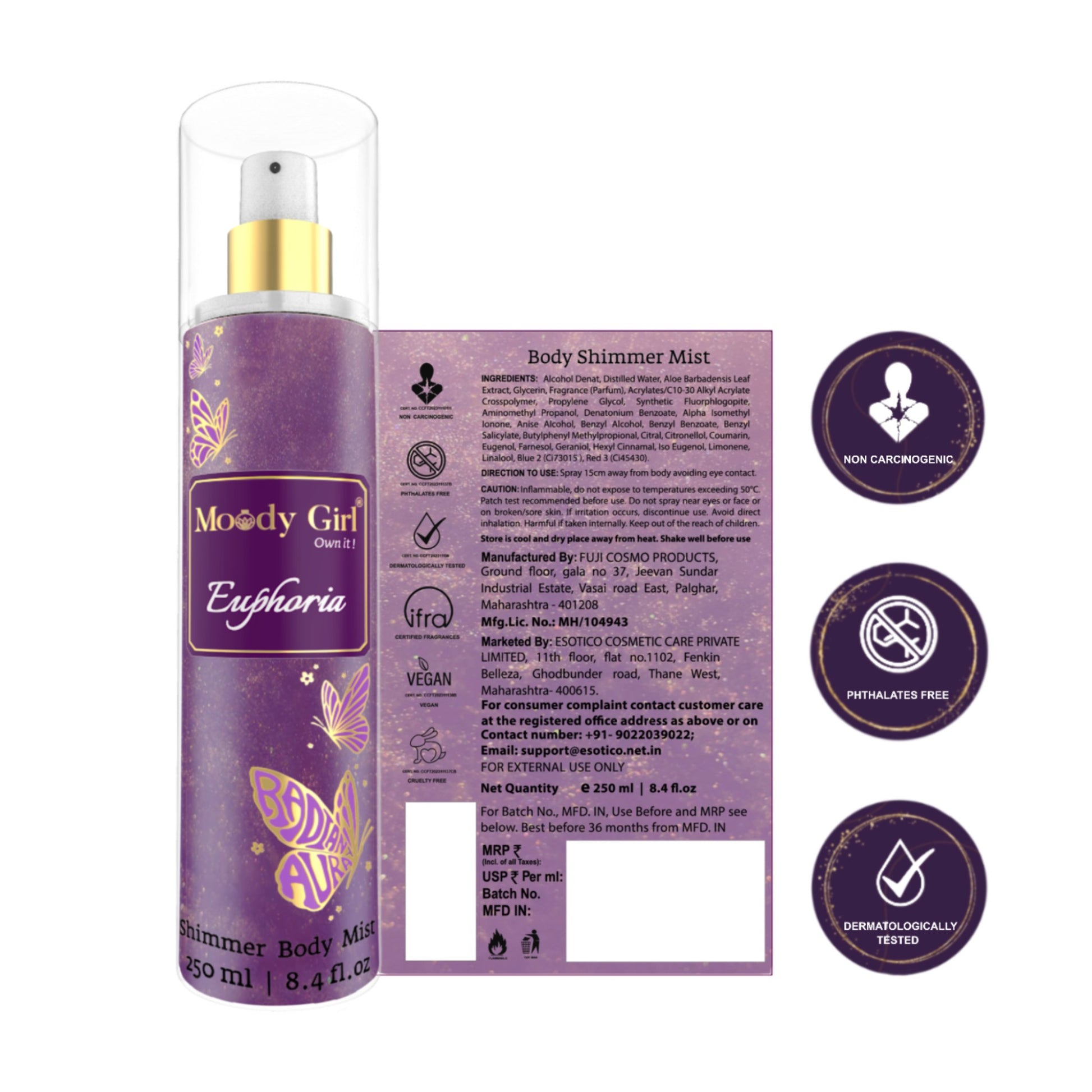 Moody Girl Euphoria body shimmer mist with packaging and certification logos on a white background