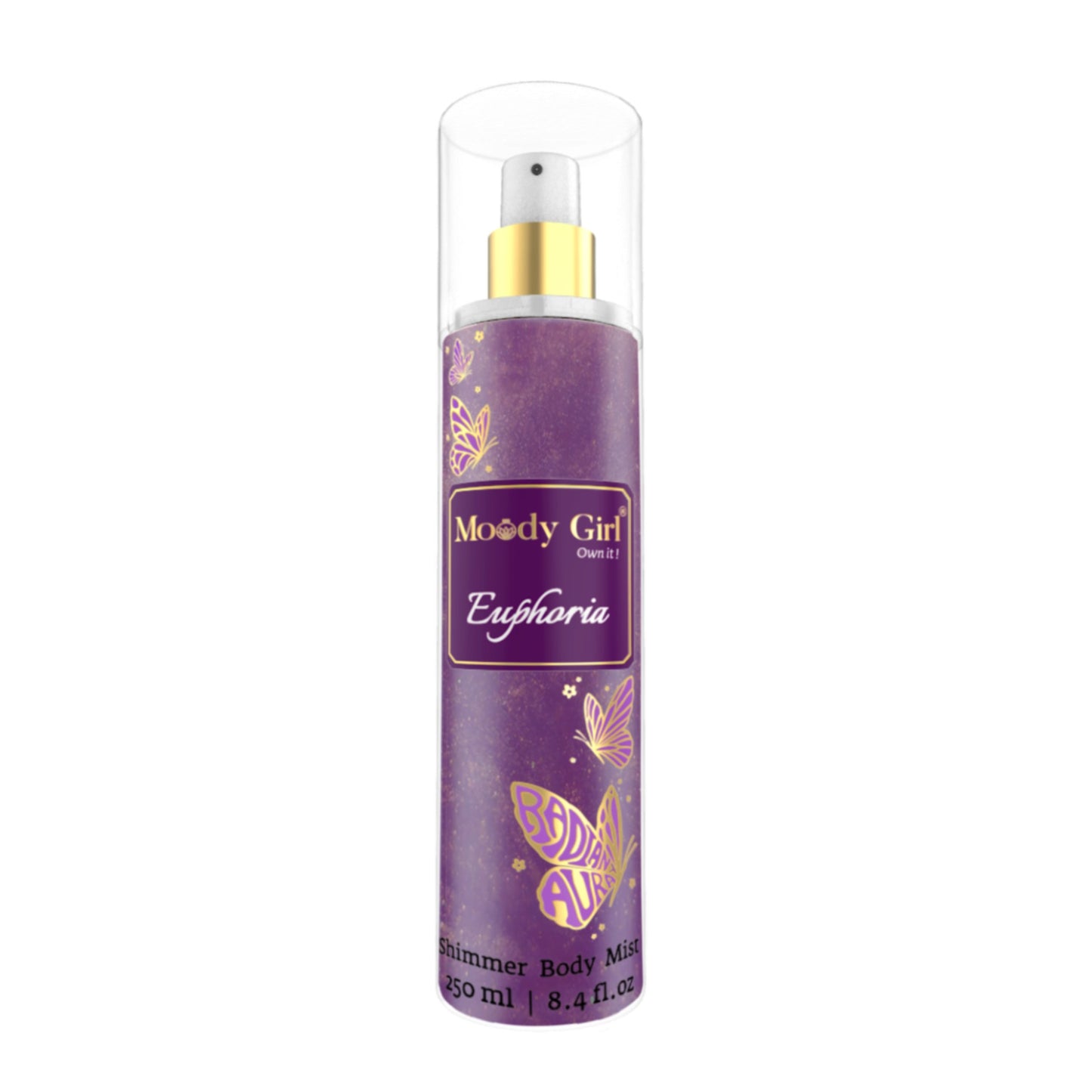 Purple bottle of 'Moody Girl Euphoria' shimmer body mist on a white background