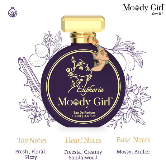 Moody Girl Euphoria 100ml perfume bottle with floral design and product details on a white background