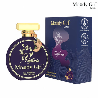 Moody Girl Euphoria 100ml perfume bottle and packaging on a white background