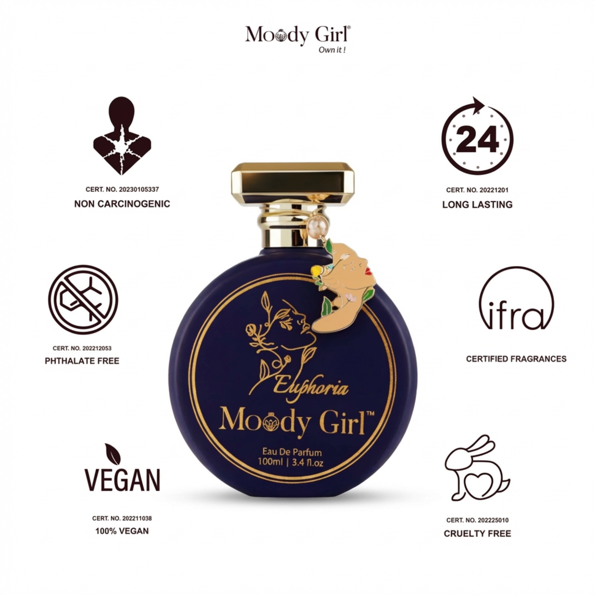 Moody Girl Euphoria perfume bottle with certification icons on a white background