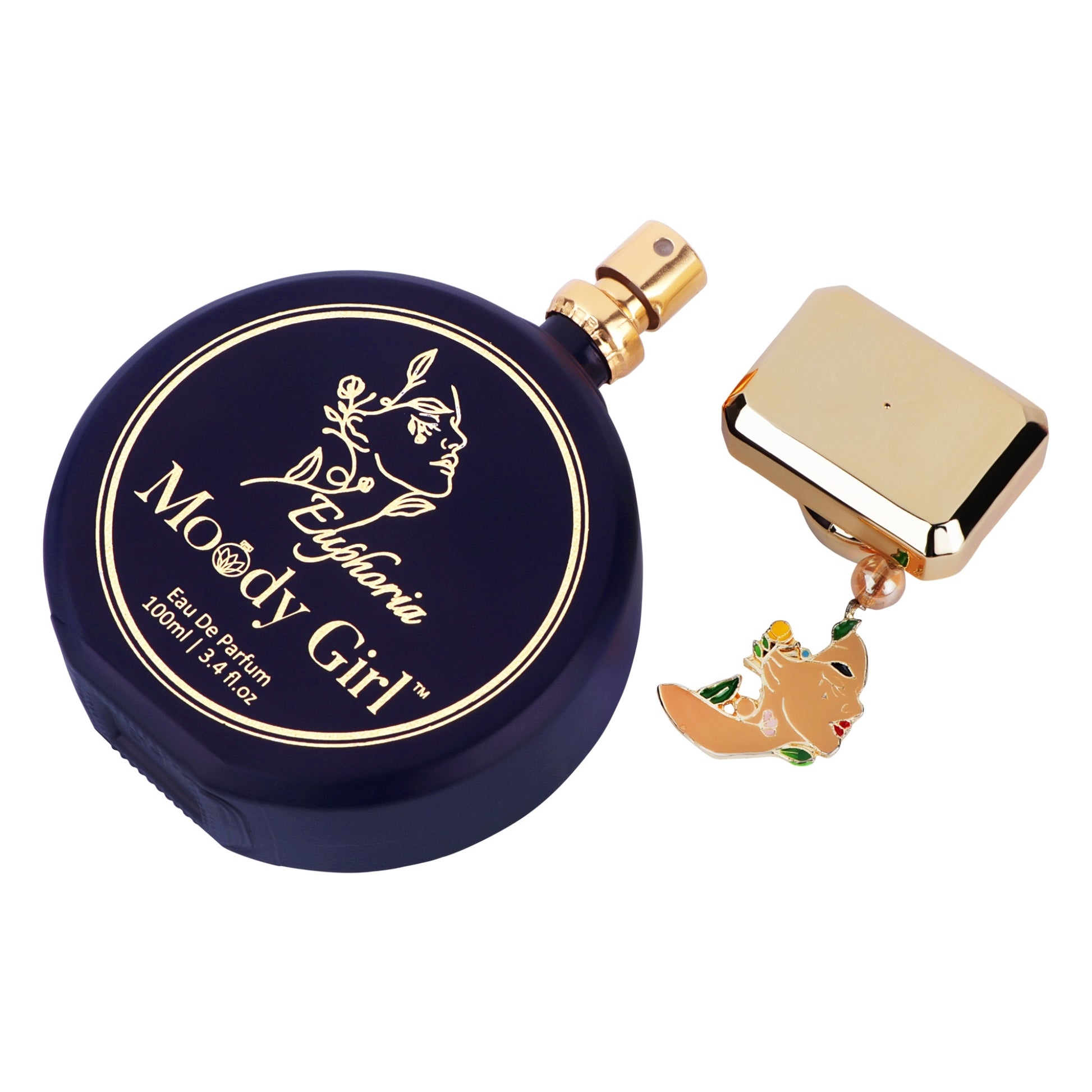 Moody Girl Euphoria 100ml Perfume bottle with gold cap and decorative charm on a white background