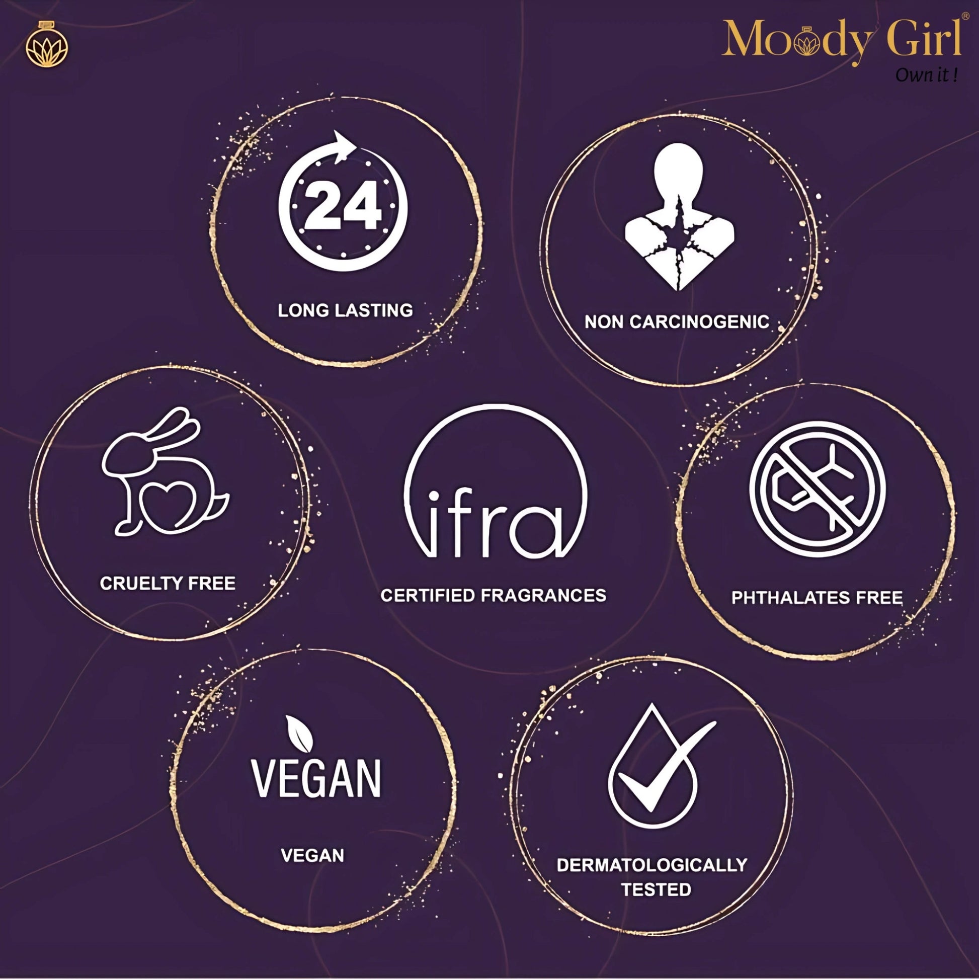 Certification icons for Moody Girl products on a dark purple background