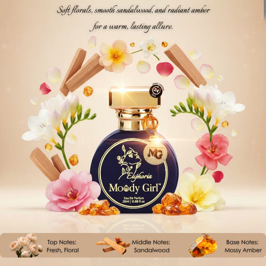 Perfume bottle labeled 'Moody Girl' surrounded by flowers and amber on a beige background