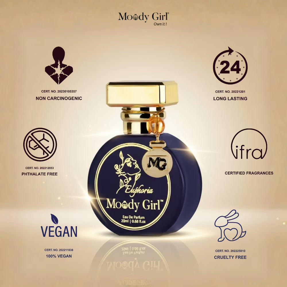 Moody Girl Euphoria perfume bottle with certification icons on a beige background