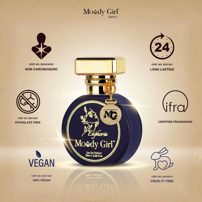 Moody Girl Euphoria perfume bottle with certification icons on a beige background