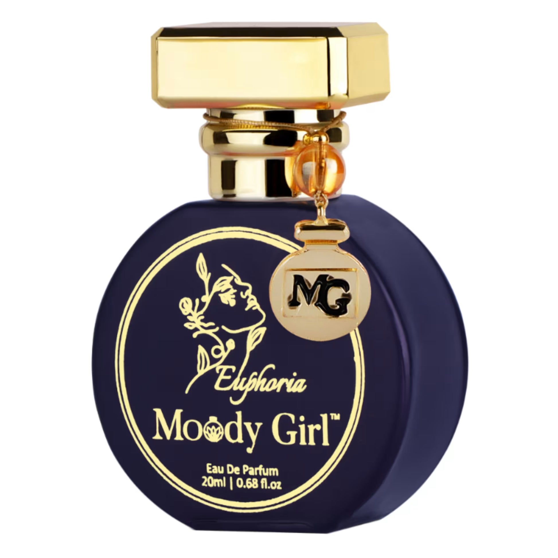 Perfume bottle with gold cap and label on a white background