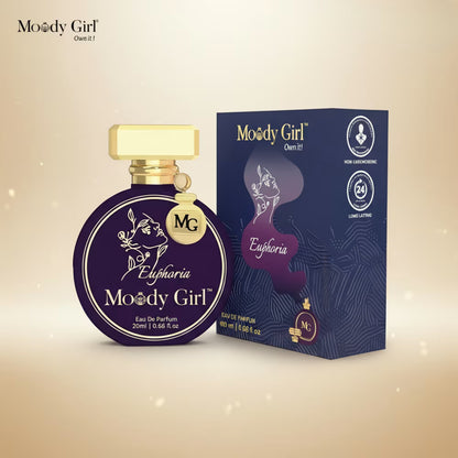 Moody Girl Euphoria perfume bottle and packaging on a beige background