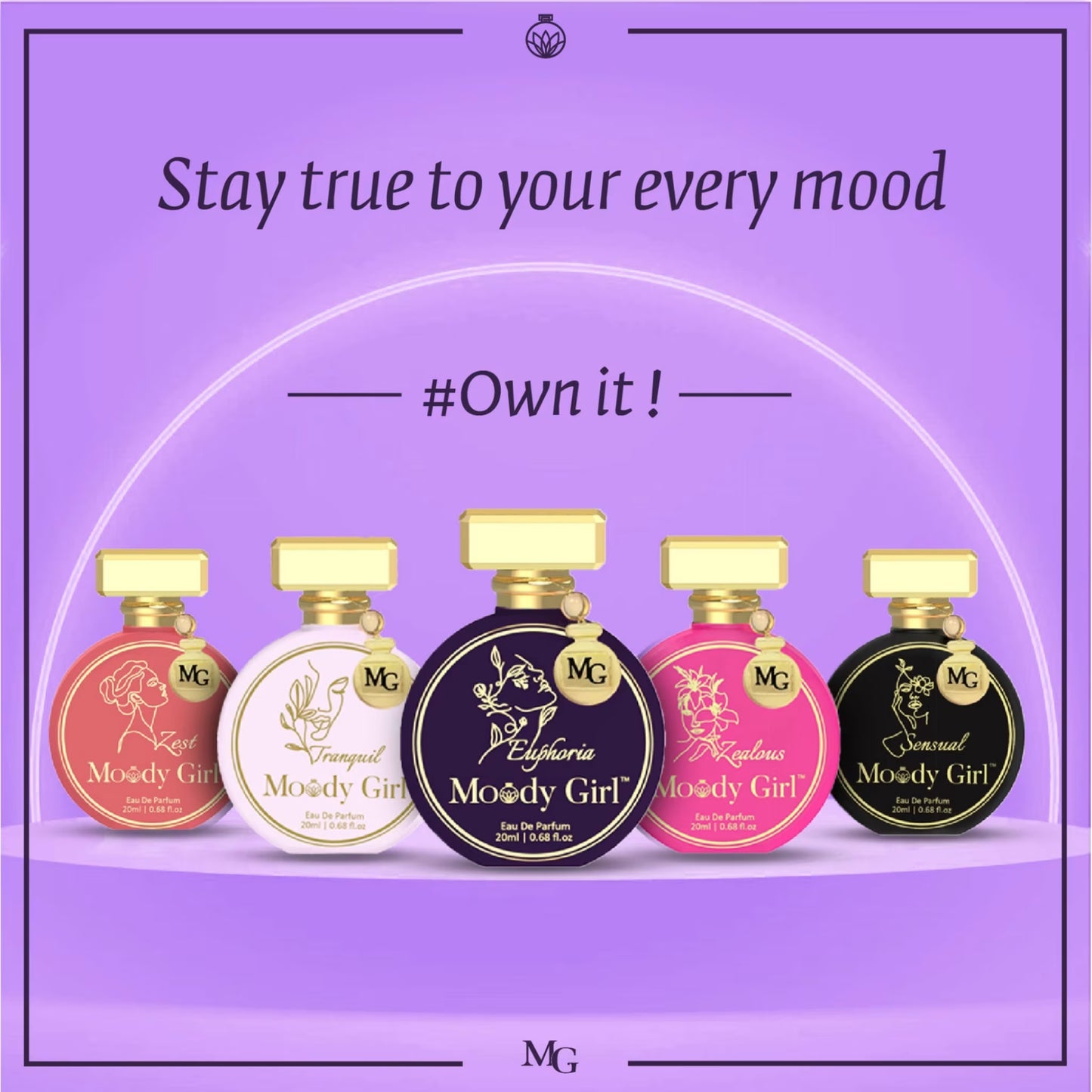Set of Moody Girl perfume bottles on a purple background with text 'Stay true to your every mood' and '#Own it!'.