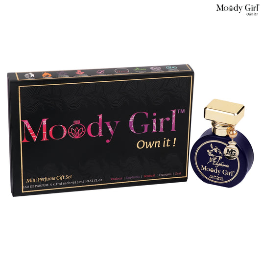Moody Girl perfume gift set with black box and blue bottle on a white background