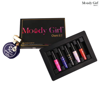Moody Girl mini perfume gift set with five bottles and a box on a white background