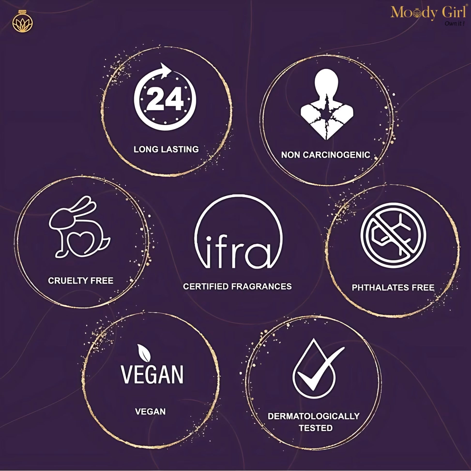Certification icons for Moody Girl products on a dark background