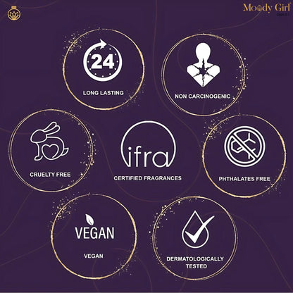 Certification icons for Moody Girl products on a dark background