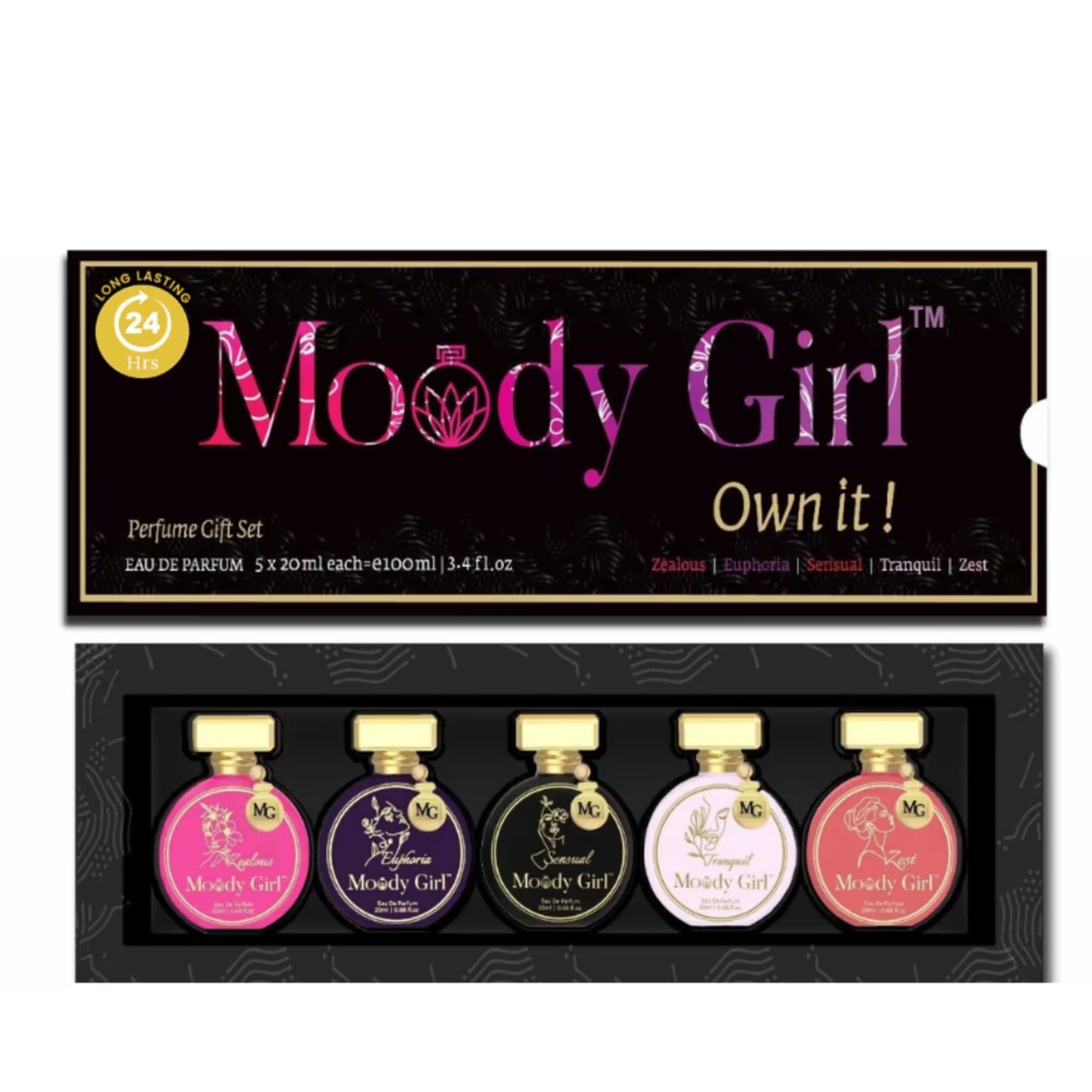 Moody Girl perfume gift set with five small bottles in a black box on a white background