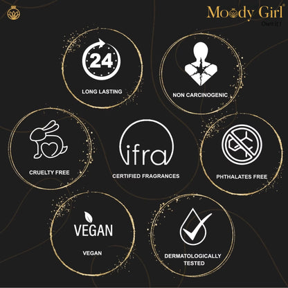 Collection of icons and text highlighting product features on a black background with 'Moody Girl' branding.