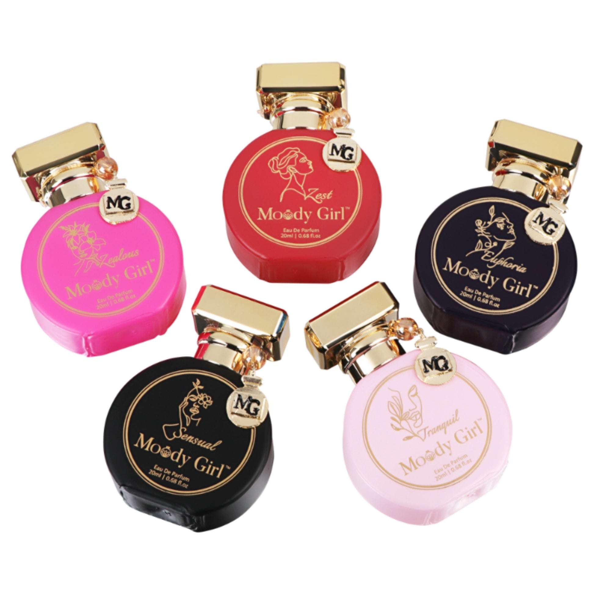 Five 'Moody Girl' perfume bottles in different colors on a white background