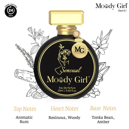 Moody Girl perfume bottle with floral and botanical illustrations on a white background