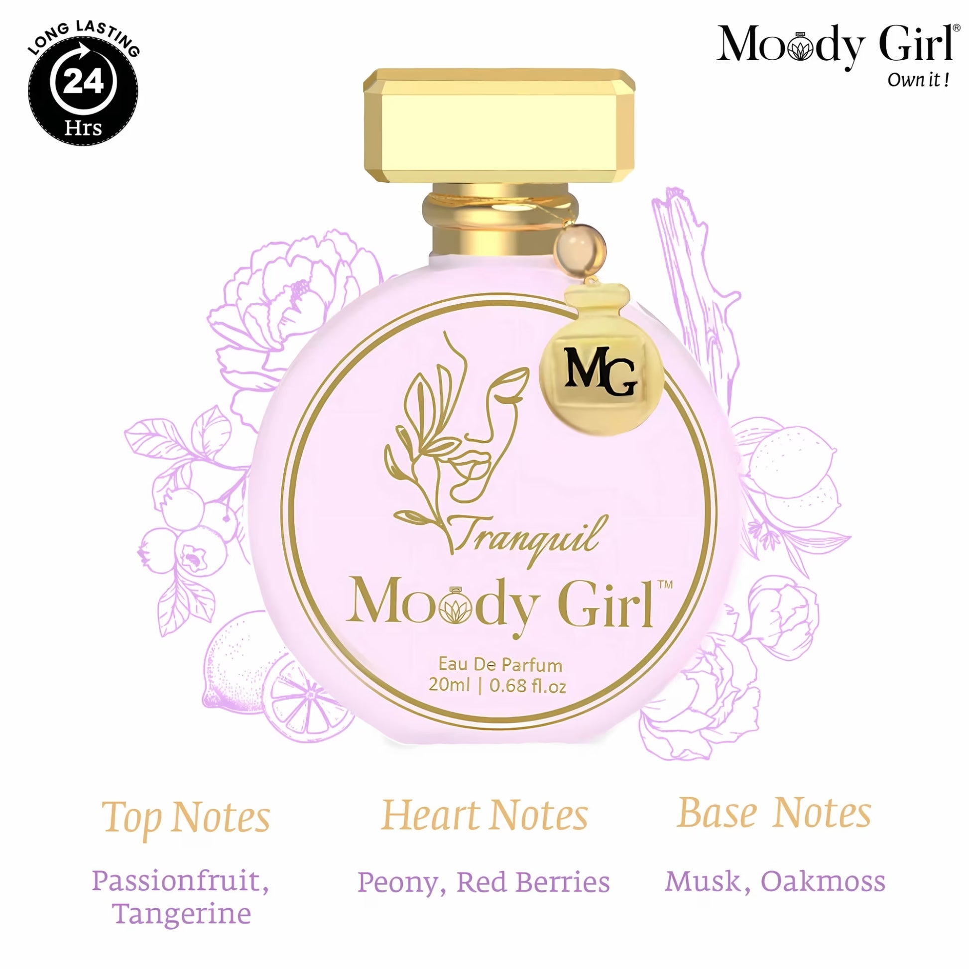 Moody Girl perfume bottle with gold cap and pink label on a white background