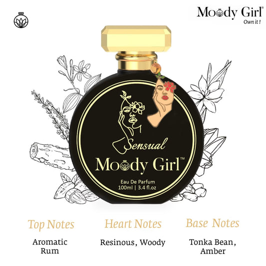 Perfume bottle labeled 'Sensual Moody Girl' with botanical illustrations on a white background