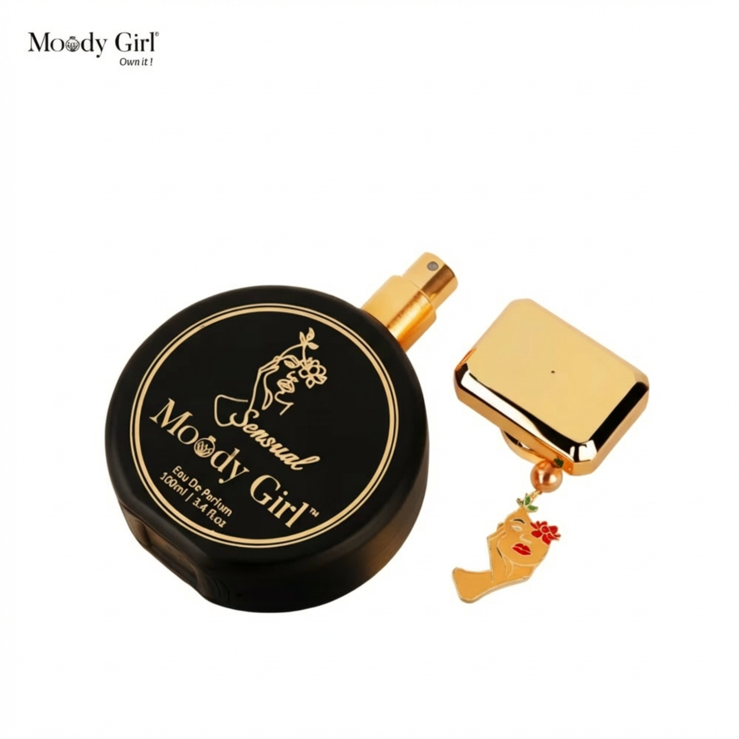 Black and gold perfume bottle with decorative cap featuring a face design on a white background.