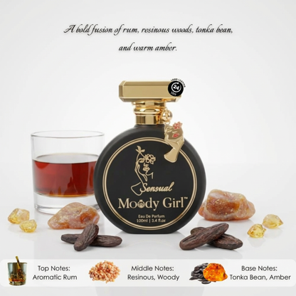 Sensual Moody Girl perfume bottle with ingredients and description on a white background