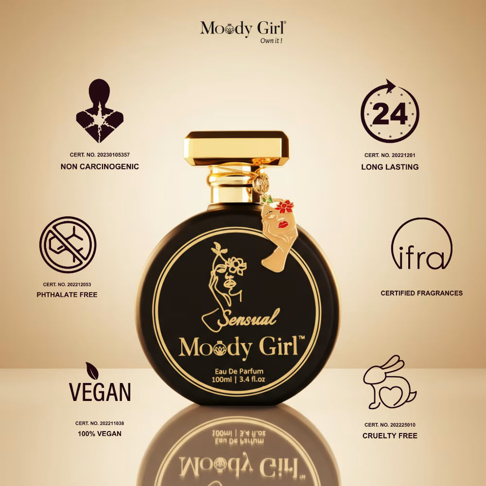 Perfume bottle with 'Moody Girl' branding and certification icons on a beige background