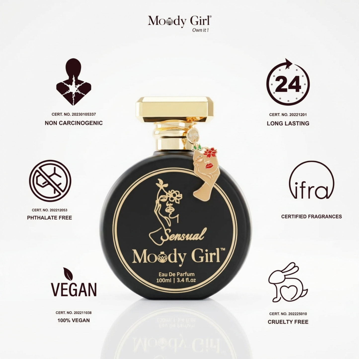 Moody Girl perfume bottle and packaging on a white background