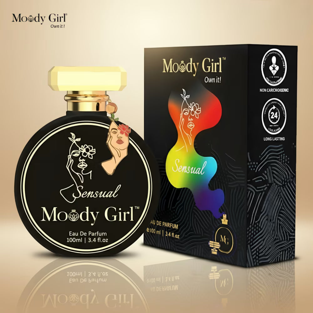 Moody Girl Sensual perfume bottle and packaging on a beige background