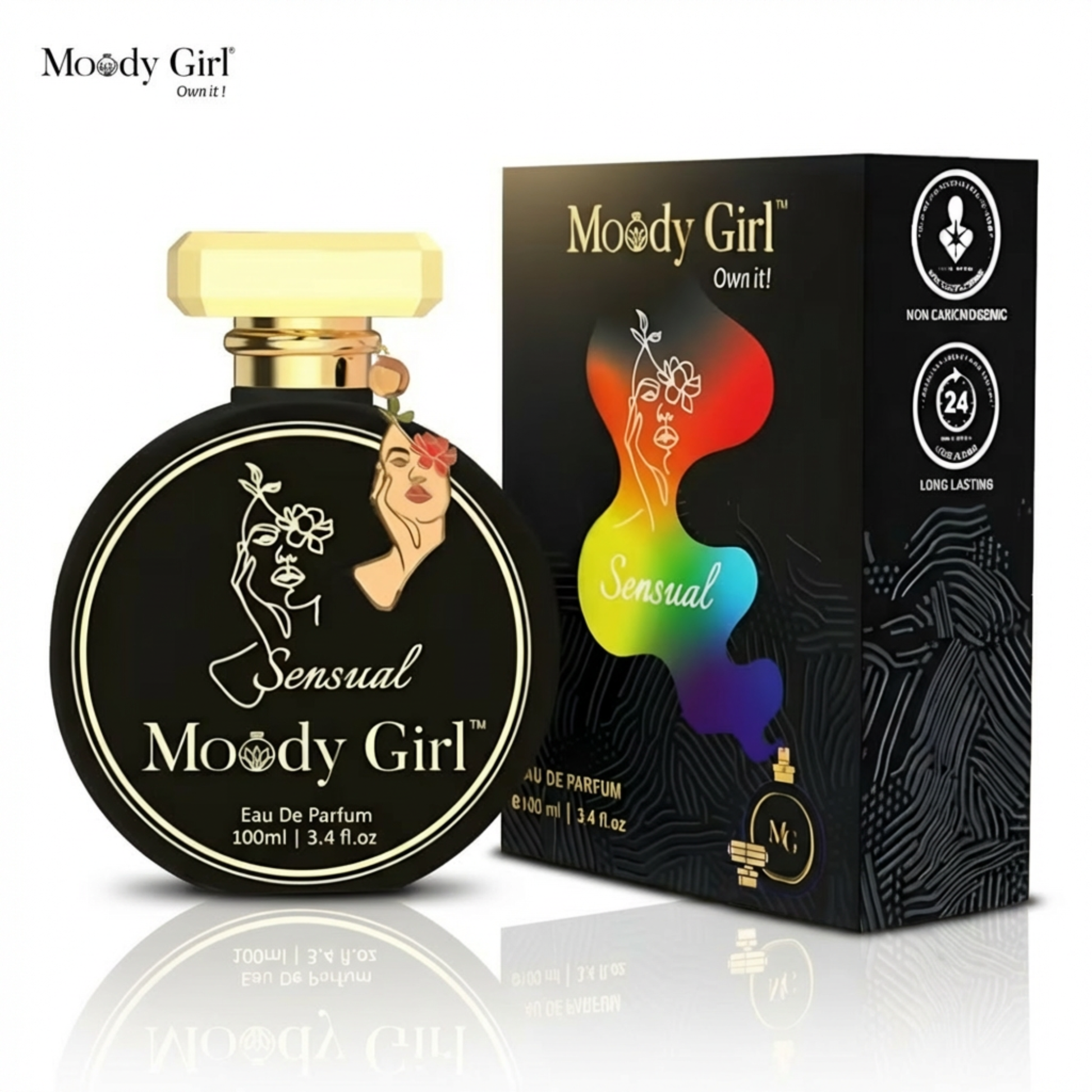 Moody Girl Sensual perfume bottle and packaging on a white background