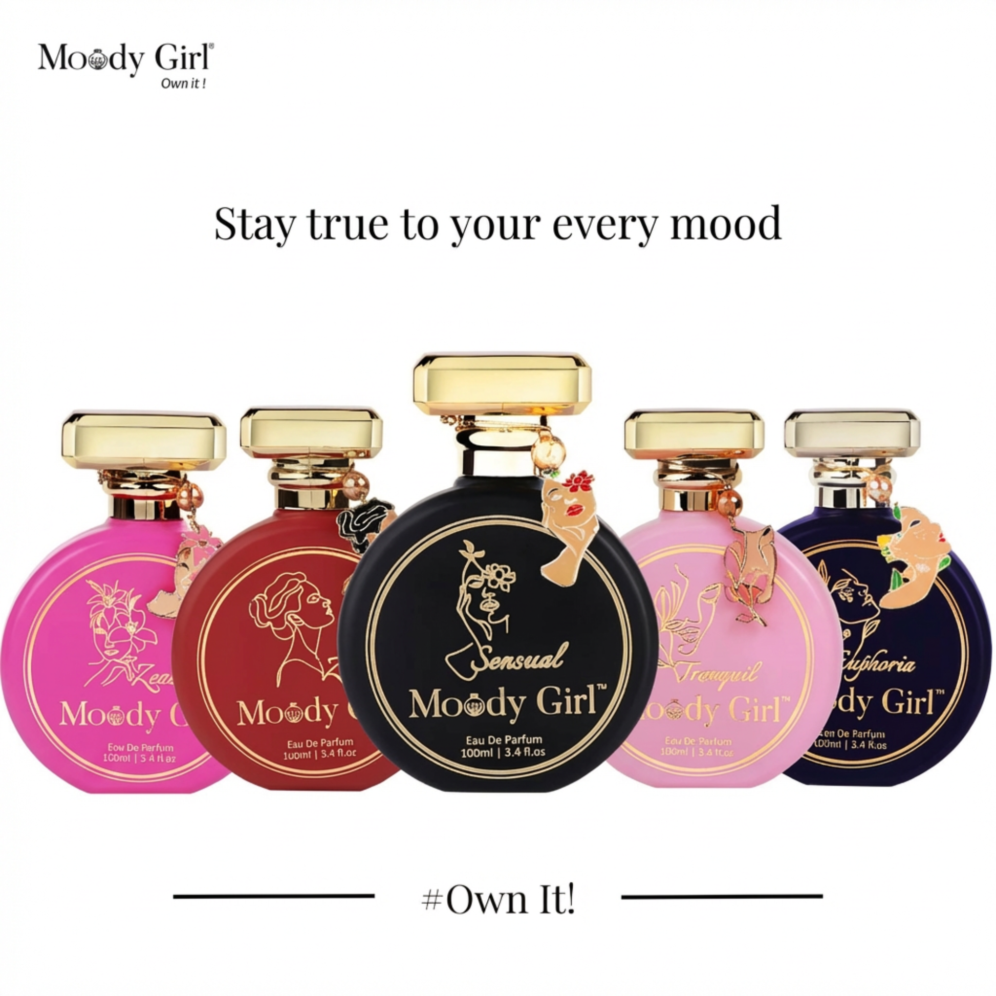 Five Moody Girl perfume bottles with different colored caps on a white background.