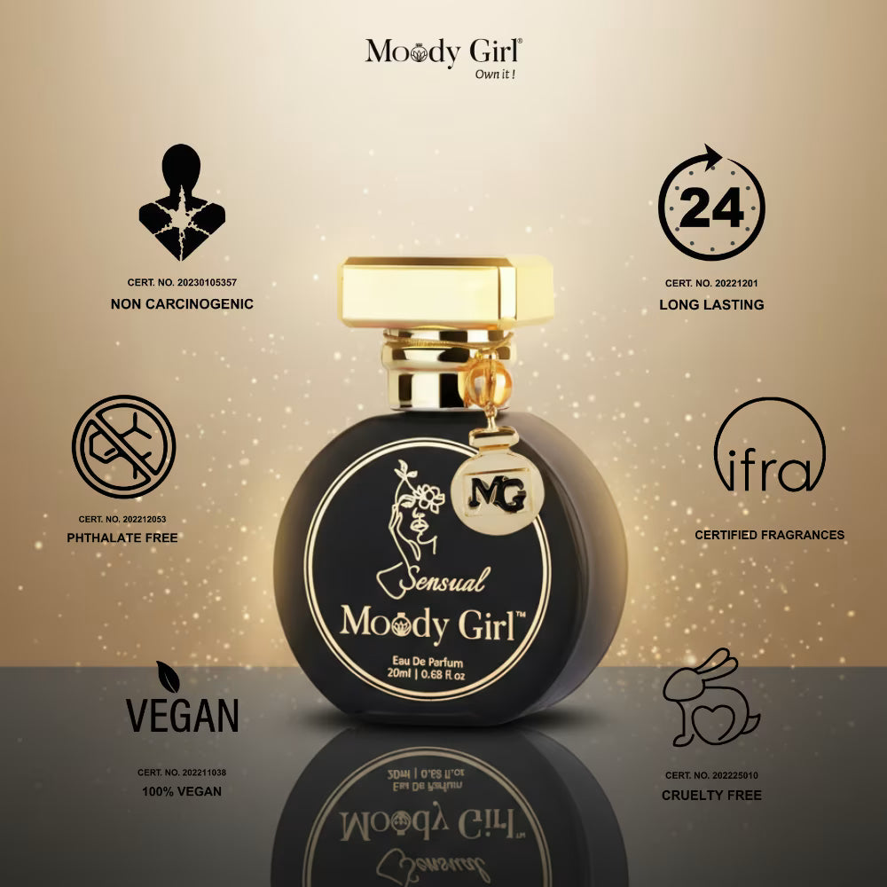 Moody Girl perfume bottle with certification icons on a gradient background