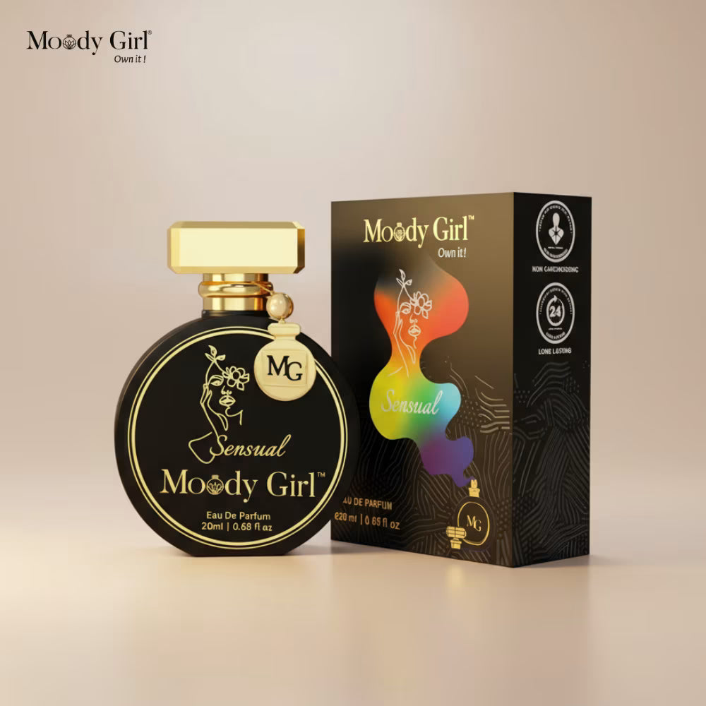 Moody Girl perfume bottle and packaging on a beige background