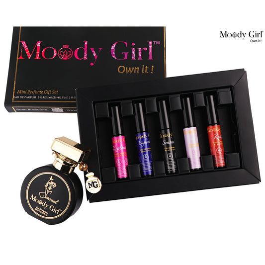 Moody Girl mini perfume gift set with six small bottles and a round black + Sensual 20ml Perfume bottle on a white background.